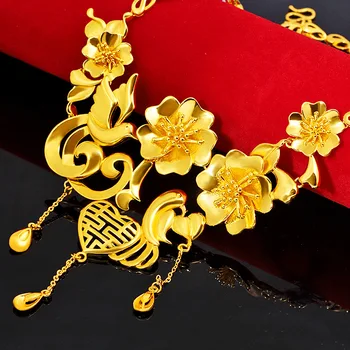 24k Aur Galben Pandantiv Colier pentru Femei Stil Chinezesc Aur Colier Set de Vânt Național Flori de Nunta de sex Feminin Colier Bijuterii