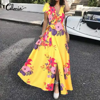 Femei Rochie de Vara Vintage V-neck Bandaj Tiv Split Maxi Rochie Lunga Celmia Moda Planta Imprimate Sundress Feminin Vestidos