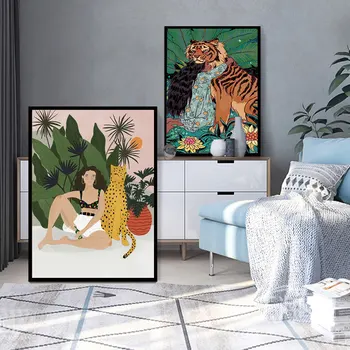 Stil Boho Fata Tiger Poster Animal Panza Pictura Pe Perete Ghepard Nordic Arta Print Morden Imagine Pentru Living Decorul Camerei