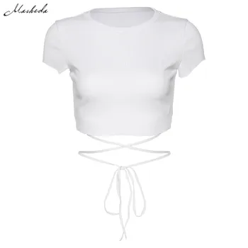 Macheda Femei Streetwear Tricotate cu Maneci Scurte O Gât T cămașă de Vară Bandaj Crop Top Lady Culoare Solidă Slim Tee Casual 2020