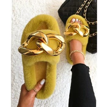 Blană Blană Slide-uri Lanț de Aur Papuci de Pluș Pufos Flip Flops Designer Faux Blana Papuci Confortabil Alunecare Pe Apartamente Femei Pantofi de Moda