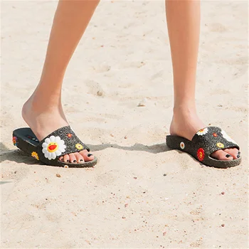 Femei Vara Papuci de casă Drăguț Flori Doamnelor Moale Diapozitive pantofi de sex Feminin Print Floral Bling Beach Sandale Casual