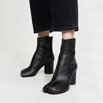 2021 Lux Design De Brand Din Piele Tabi Cizme De Moda Rotund Indesata Toc Glezna Cizme Pentru Femei Toamna Iarna Split Toe Pantofi