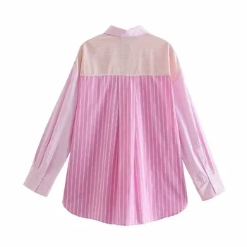ZA Femei Roz cu Dungi Cămașă de Vară 2021 Maneci Lungi Rever Guler Buton-Up Vintage Tricouri Femeie Fata de Patch-uri de Buzunar Top Casual