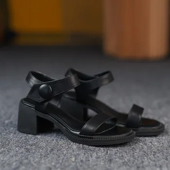 ZJVI Femeie 2021 4.5 cm Toc Patrat Sandale Pantofi Pentru Femei de Vara de Vacă din Piele Sandale Doamnelor Negru Fete de muncă Casual pantofi