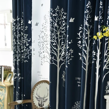Modern Copac Pentru Perdea de Living Albastru Inchis Panouri Opace Frunze de Argint/Păsări Model Fereastră Draperii pentru Dormitor #VT