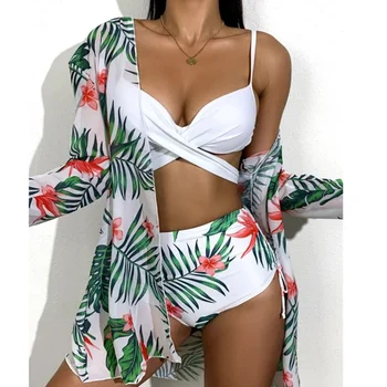 Print Floral Mare de Costume de baie 3 BUC Plaja Bikini Set Push-Up de Femei Plus Dimensiune Costume de baie Scăldător Înot Poarte Femeile Costum de Baie 2021