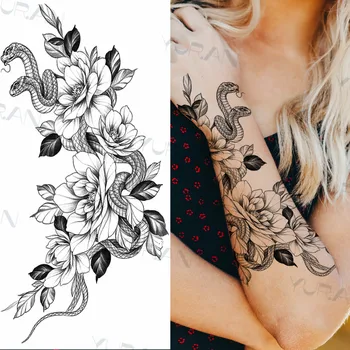 Șarpe Șarpe Flori Autocolant Tatuaj Fals Pentru Femei Wen Henna Rose Butterfly Bujor Tatuaj Temporar De Apă De Transfer Tatuaj Inserați Codul