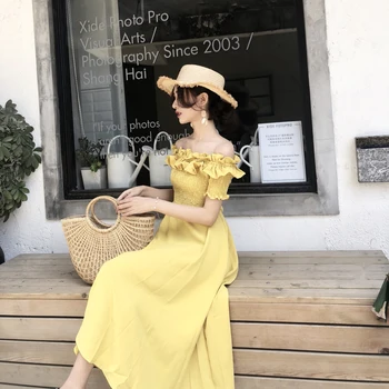 Vara noi coreeană stil de Îmbrăcăminte pentru Femei de brand de moda rochie eleganta slash gât, pe umăr Spatele gol rochii lungi galben