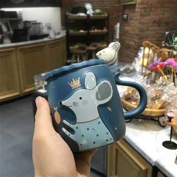 Desene Animate Drăguț Mouse-Ul Cani De Cafea Ceramica Relief Lapte Ceașcă De Ceai Cu Capac&Lingura Biroul De Acasă Cana Pentru Suc De Fructe Izolate Cani Cadouri