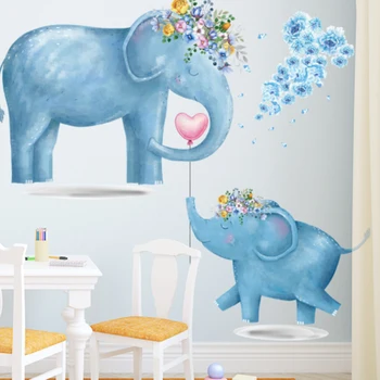 Desene animate Albastru Elefanți de Animale Drăguț Autocolante de Perete Stil de Vopsea pentru Camera de zi, Camera Copii Perete Decal Copil Pepinieră Decor de Perete Cadou