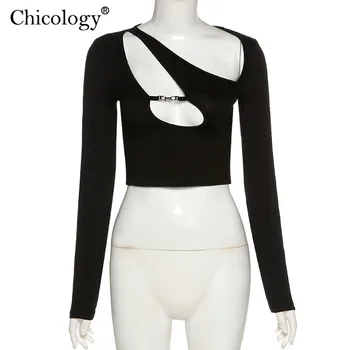 Chicology Gol Maneca Lunga T-Shirt Femei Sexy Club Goth Tricou 2020 Moda Crop Top Haine Y2K Tee Gotic Streetwear