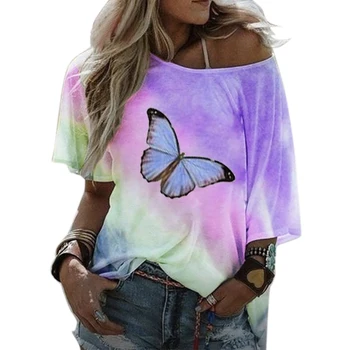 Femei t Shirt Fluture Imprimate Topuri de Vara Tricouri Femei Haine de Pe Umăr Bat Casual cu Maneci t shirt Femei