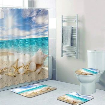 3D Digital Ocean Beach Sea Shell Tipărit Stea de mare Perdea de Duș Covoraș de Baie de Bază Mat Mat Toaletă