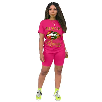 Femei Sport Regina Neagră Buzele Set de Două Piese T-shirt, Blaturi de Genunchi Lungime Jogger Sweatpant Costum de Trening Set de Potrivire Haine