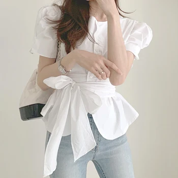 Coreea De Epocă Tricouri Femei Elegant Dantela-Up Slim Pieptul Singur Puff Maneca Bluza Office Lady Elegant 2021 Noi