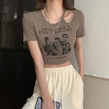 EFINNY Tricouri pentru Femei de Moda coreeană Imprimare Gol Afară Tricou Casual de Vara Slim Expuse Buric Maneci Scurte Topuri Crop Top