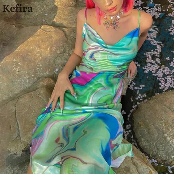 Kefira Y2K Print Tie Dye V Gât Split Sundress Femei Sexy Backless Zână Grunge fără Mâneci Mozaic Midi Bodycon Rochii de Vara