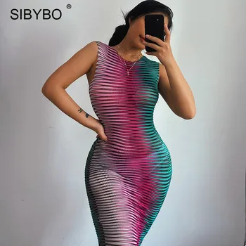 Sibybo Plasă De Imprimare Sexy Vedea Prin Rochie De Vara Femei Grâu Net Rochie Bodycon Mini Tinutele Femme Fără Mâneci Plajă Petrecere Vestidos