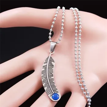 2021 din Oțel Inoxidabil Albastru Opal Pene Bohemia Lanț Colier pentru Femei/Bărbați de Culoare Argintie Boho Bijuterii bijoux femme N3601S04
