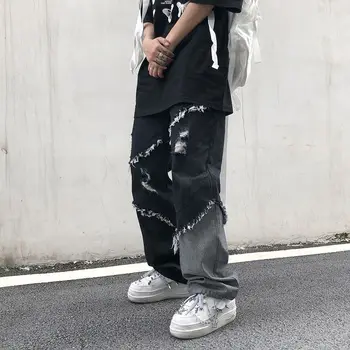 Coreeană de Moda Noua Ciucure Contrast Blugi Trendy Cool High Street Stil Harajuku Liber Margine Prime Blugi Bărbați la Modă