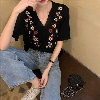 Femei cu Maneci Scurte T-shirt, Broderie Buton-up Florale Proaspete Tricotate Blând V-gât Design Drăguț coreeană Stil Preppy Topuri de sex Feminin