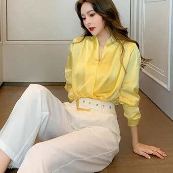 Noua Moda Coreeană Femei Felinar Maneca V Gat Camasa Sexy Femei Bluze Femei Casual Galben, Tricouri Topuri Topuri De Femei Blusas