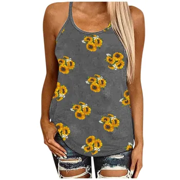 Femei De Floarea-Soarelui Imprima O-Gât Sexy Tricouri De Moda De Top 2021 Doamnelor Vară Fara Spate Fără Mâneci Tricouri Tricouri Femme