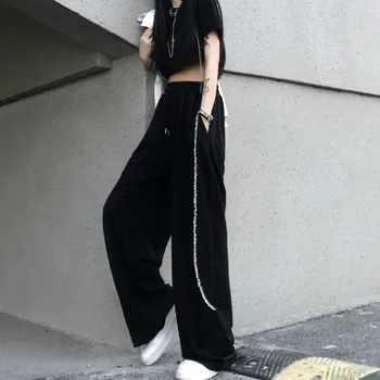 HOUZHOU Goth Harajuku Negru Pantaloni Largi Picior Femei Gotic Streetwear 2021 Primăvară Moda coreeană Drept Supradimensionat Pantaloni Casual