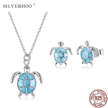 SILVERHOO Argint 925 Bijuterii Set Blue Sea Turtle Stud Cercei Pandantiv Coliere Ocean Stil Cadou de Ziua de nastere Pentru Prieten