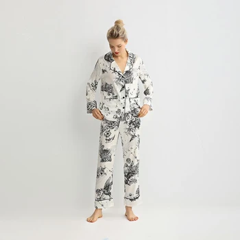 Maison Gabrielle 2021 Primăvară-Vară Mătase Imprimate Satin Pijamale Sleepwear Set Body pentru Femei Pijama Femme 2 Bucati Lungi