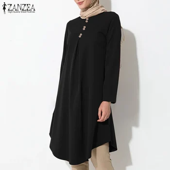 Vintage Musulman Lungi Tricou Femei Asimetrica Bluza ZANZEA 2021 Casual cu Maneci Lungi Blusas de sex Feminin Butonul Topuri Tunica