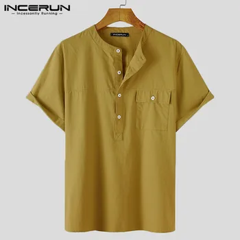Agrement Butonul Bluza de Vara Omul de Bumbac Confortabil Topuri INCERUN Vintage de Culoare Solidă Camasi Barbati Maneca Scurta Guler de Stand Camisa 5XL 7