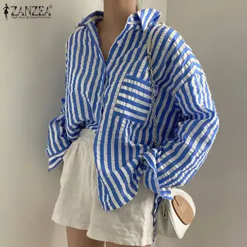 Femei Vara Rever Maneca Lunga Tricou cu Dungi ZANZEA Moda Casual Bluza Print Butoane Blusas de sex Feminin Supradimensionat Topuri Tunica Mujer