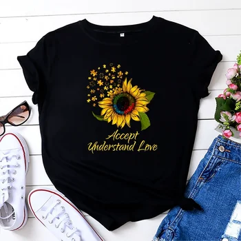 Vara Femei T Shirt Plus Dimensiune Bumbac Cute De Floarea-Soarelui Scrisori De Imprimare Scurte Cu Maneci Supradimensionate Tricouri Casual Graphic Tee Topuri