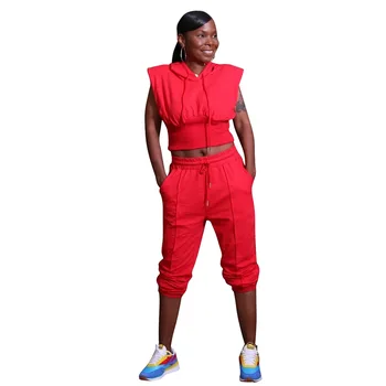 Fitness Pentru Femei Pantaloni Costum Solidă Fără Mâneci Culturilor Cu Gluga Top + Casual Jogging Pantaloni De Vară 2021 Drawstring Jogger Set Trening