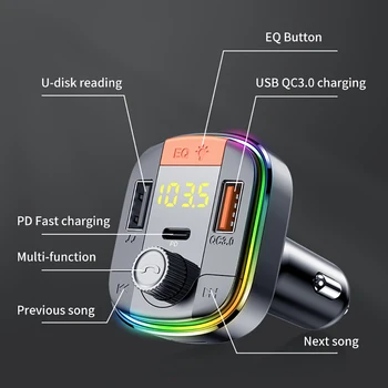 Auto FM Transmitter Receiver Audio QC 3.0 Încărcare Rapidă Colorat Masina Mp3 Player Bluetooth 5.0 Dual USB Port cu PD