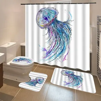 3D Meduze Perdea de Duș Aqua Culori Arta de Animale Ocean Stil 3PCS Podea Mat Set Mare Temă Marină Pânză Tesatura Decor Baie
