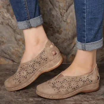 Retro PU Femei Pantofi Gol Femeie Mocasini Respirabil Moccosins Fund Moale Doamnelor Pană Superficial Pantofi pentru Femeie Încălțăminte de Vară