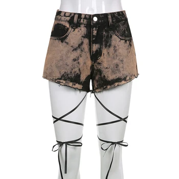 SUCHCUTE Tie Dye Print y2k Blugi de Moda pantaloni Scurți Pentru Femei de Vara Streetwear Dantelă pantaloni Scurți din Denim Gotic Stilul Punk Fund