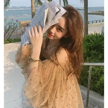 2021 Vara Puff Maneca Dantela Vintage Dot Bluze Femei Șifon Elegant Pe Un Umăr De Sus Famale Coreeană Stil Plajă Șifon Tricouri