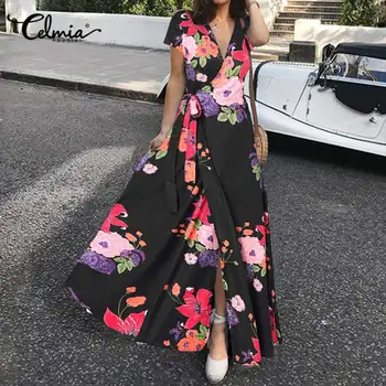 Femei Rochie de Vara Vintage V-neck Bandaj Tiv Split Maxi Rochie Lunga Celmia Moda Planta Imprimate Sundress Feminin Vestidos
