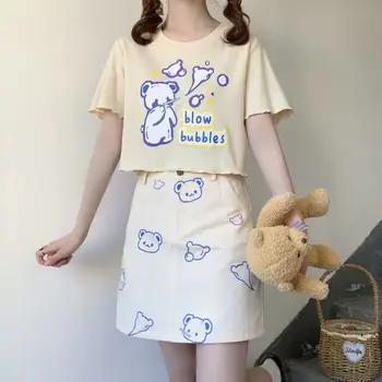 Kawaii Urs Print Grafic T Shirt Femei 2021 Desene animate Stil Japonez Vara Hainele Feminine MINGLIUSILI Trunchiate de Sus Mujer