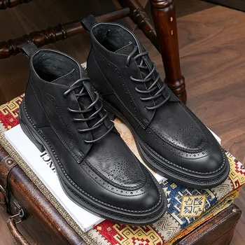 High End pentru Bărbați Sculptate Bocanc Pantofi Moi dă-i Lace Up Toamna Cizme Glezna Om Retro Cizme Militare Băiat Pantofi de Moda de Iarnă
