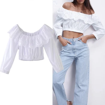 NWOMN Za 2021 de Pe Umăr Femeie Albă Bluza Cutwork Broderie Crop Top de Moda de sex Feminin Lungă Puff Maneca Vara Femei Bluza
