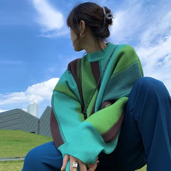 Toamna Verde Cu Dungi Pulover Supradimensionat Femei Haine Cu Maneca Lunga Pulover Top Topuri Drăguț Haine Coreeană De Moda Streetwear