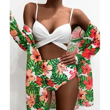 Print Floral Mare de Costume de baie 3 BUC Plaja Bikini Set Push-Up de Femei Plus Dimensiune Costume de baie Scăldător Înot Poarte Femeile Costum de Baie 2021