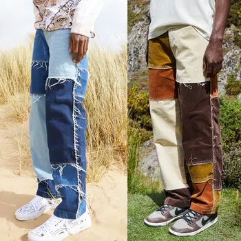 Oamenii Se Spală Cu Îmbinare Casual Drept Moț Mozaic Blugi Pantaloni Sex Masculin Moda Streetwear Vrac Hip Hop Denim Full Lungime Pantaloni