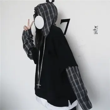 Deeptown cu Dungi Tricou pentru Femei Negru Stil Gotic Hanorac Mozaic Grunge Maneca Lunga Carouri Pulovere coreean 2021 Moda