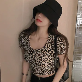 Femei Leopard de O Gât Subțire Sexy Buric Expuse Cardigan cu Maneci Scurte T Shirt Topuri de Vară 2021